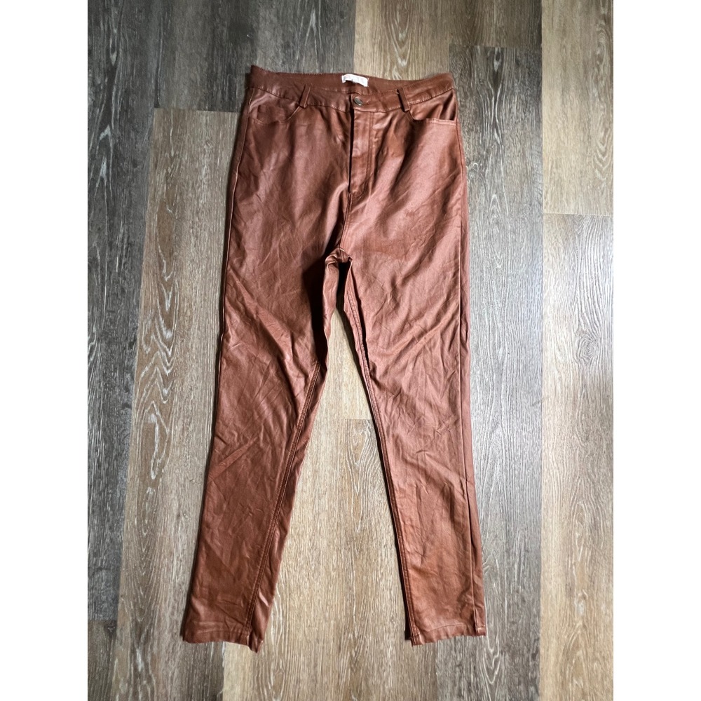 GB Faux Leather Pants Womens 13 Brown Metallic‎ High Rise Slim Coated Trousers
